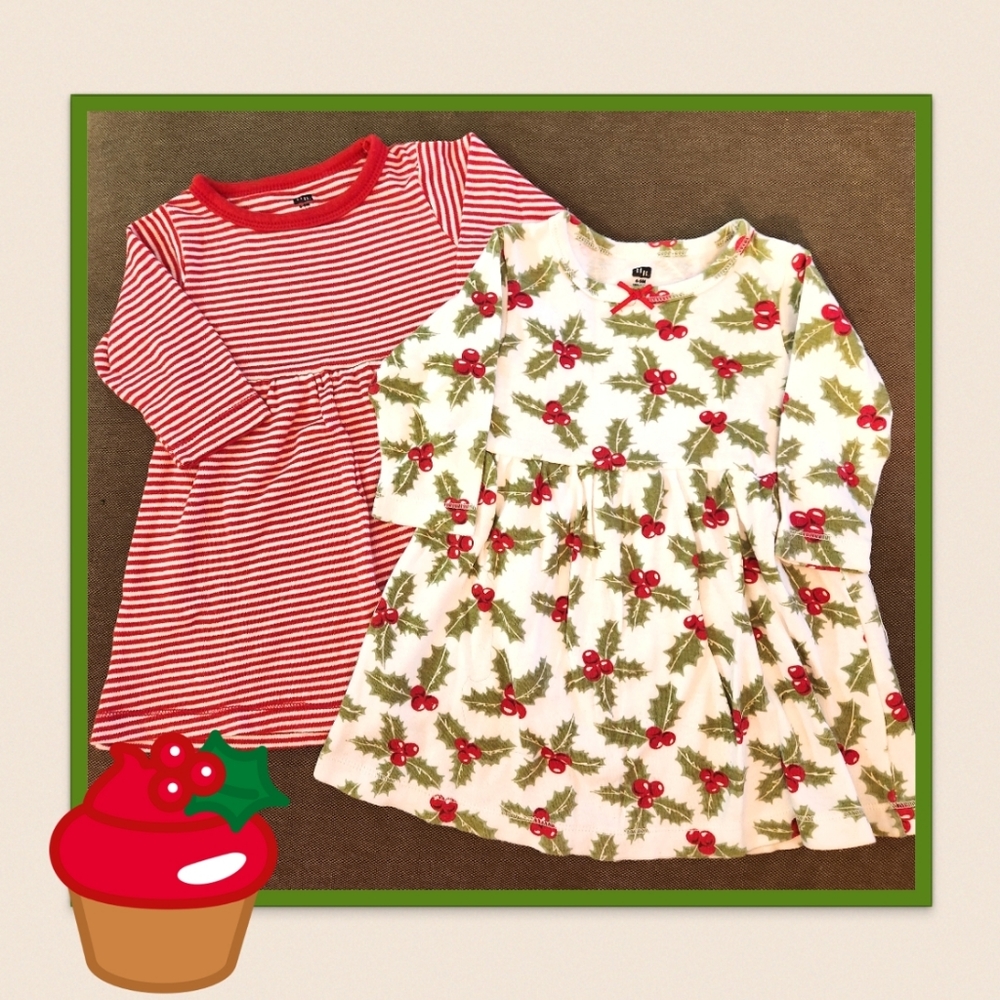 Two dress bundle, 100% Cotton, Red stripe And Holly Print, Size 6-9 Mos
